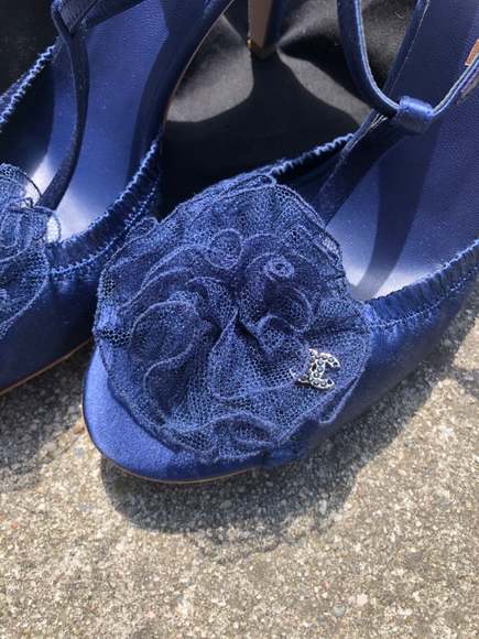 Marine Chanel Satin Peep Toe Sandals - Picture 1 of 8
